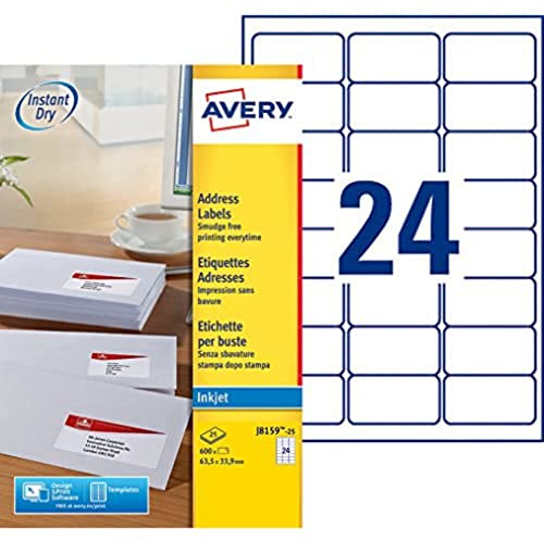 AVERY - Påse med 600 självhäftande adressetiketter, anpassningsbara och utskrivbara, format 63,5 x 33,9 mm, bläckstråleutskrift, (J8159-25)
