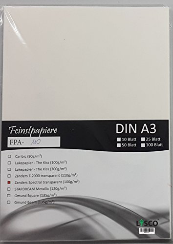 LYSCO® Feinstpapier-Set mit 50 Blatt DIN A3 Transparentpapier Zanders Spectral 100g/m² Farbe hochweiß transparent exzellente Durchsicht, sehr gute Qualität, mögliche Verwendung: Einladungen, Visitenkarten, Einlegeblätter für Alben, Fotoalben, Gutscheine, Fensterbilder, Bastelarbeiten und vieles mehr