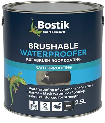 Bostik Brushable Waterproofer Roof Coating Black - 2.5 L | Fibre-Reinforced Bituminous Waterproofing Compound for Roofs - Concrete, Metal & Felt - Tough Protective Sealant