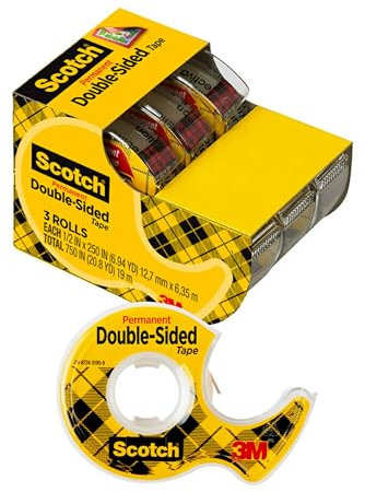 Scotch Double-Sided Tape, 1/2 in x 250 in (12.7 mm x 6.35 m), 3 Pack