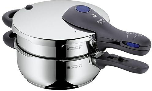 WMF Perfect Plus Schnellkochtopf Set Induktion 2-teilig, Dampfkochtopf 4,5l + 3l, Cromargan Edelstahl poliert, 2 Kochstufen, Einhand-Kochstufenregler, stapelbar