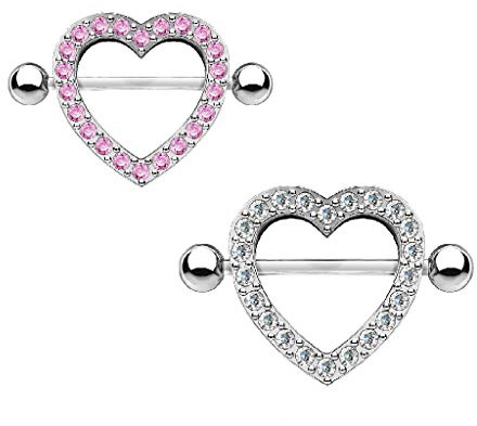 Paula & Fritz® Brustwarzen-Piercing Brustpiercing Frau Maenner Intimpiercing Mann Nippelpiercing Herz Silber Roségold Rand Zirkonia Clear Pink Edelstahl Chirurgenstahl 316L