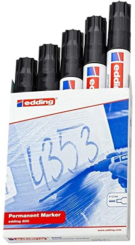 edding 800 Permanentmarker - schwarz - 5 Stifte - Keil-Spitze 4-12 mm - für breite Markierungen - wasserfest, schnell-trocknend, wischfest - für Karton, Kunststoff, Holz, Metall, Glas