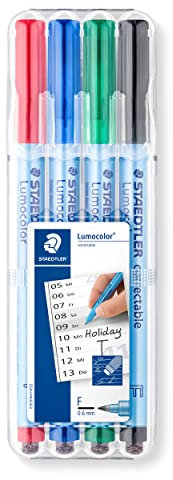 STAEDTLER Folienstift Lumocolor correctable, trocken korrigierbar, F-Spitze Linienbreite ca. 0.6 mm, hohe Qualität Made in Germany, Set mit 4 Farben, 305F WP4-1 , 4 Stück (1er Pack)