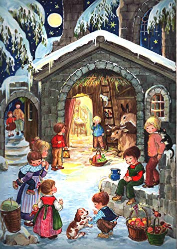 Nostalgischer Adventskalender/Weihnachtskalender für Kinder und Erwachsene mit Bildern und Glimmer Am Stall