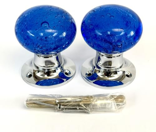 Beautiful Pair of Large Blue Contemporary/Retro Round Smooth Bubble Glass Chrome Mortice Door Knobs/Handles