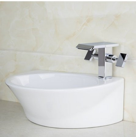 Gowe Montage Bord Chrome double poignées robinet Torneira + Lavabo de salle de bain Blanc en céramique Lavabo Robinet mitigeur