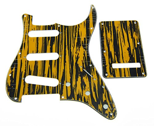 KAISH 11-Loch ST/Strat-Style Schlagbrett SSS-Pickguard mit ST-Rückplatte Tremolo-Cover für USA/Mexico Stratocaster/Strat Schwarz Gelb Weidenholz
