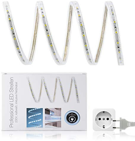 LED Universum 20 Meter Professional LED Streifen kaltweiß, 60 LED/m, IP68, 230V, 3528 SMD, 5W/m, 300 lm/m, inkl. Netzkabel (Eurostecker), für Außen- und Feuchtbereiche