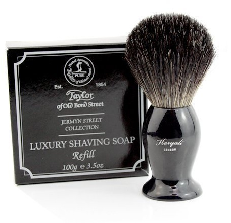 Haryali London, spazzola da barba e sapone da barba con setole di tasso, assemblata a mano, collezione Sophist, dal design elegante, colore: nero