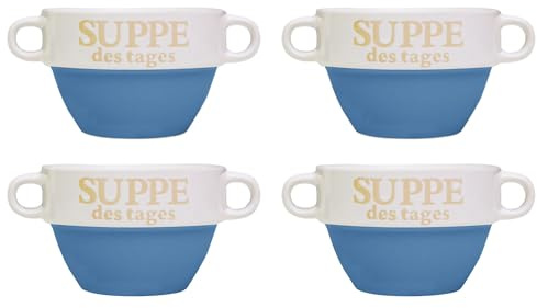 DRULINE 4 Stück Suppentasse aus Keramik mit Schriftzug Suppe des Tages Ø 13 cm Blau
