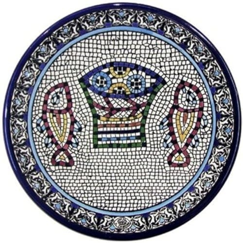 Holy Land Market Armenian Pottery - Large 5 Loaves & 2 Fishes Plate, Hand-Painted Ceramic, 11 In Diameter