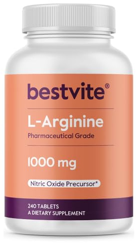 BESTVITE L-Arginine 1000mg per Tablet (240 Tablets) – Pharmaceutical Grade – Contains 20% More Pure Arginine Compared to Arginine HCl – Nitric Oxide Precursor*