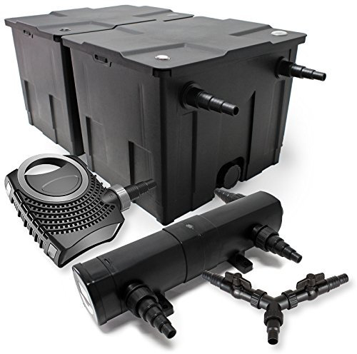 SunSun Komplettset: CBF-350B Teichfilter bis 60000 L Teichfilteranlage als Durchlauffilter, NEO10000 SuperECO Teichpumpe 10000l/h 80W, CUV-236 Teichklärer UVC Klärer mit 36W, Y-Verteiler
