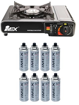 IMEX Camping GASKOCHER Set KOCHER IM TRAGEKOFFER MIT GASKARTUSCHEN Menge FREI WÄHLBAR (Gaskocher mit 8 x Gaskartuschen)
