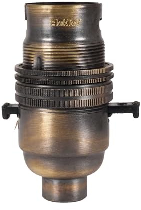 ElekTek Safety Switch Lamp Bulb Holder B22 BC Bayonet Cap & Shade Ring 10mm/M10x1 Threaded Entry Brushed Antique Brass Made in UK - Child Safe Switch Push Bar locks OFF & cuts power if no bulb fitted