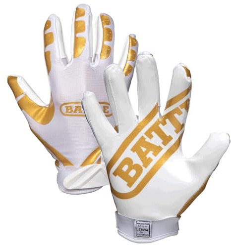 Battle Sports Ultra-Stick Wide Receiver Football Gloves - Adult & Youth Football Gloves - Youth Large, Gold/White