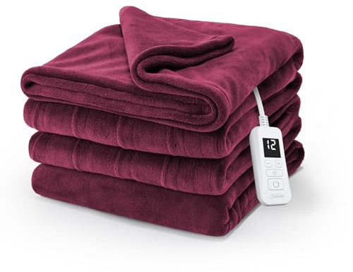 Sunbeam Electric Royal Luxe Microplush Heated Blanket, 12 Heat Settings, 12-Hour Selectable Auto Shut-Off, Fast Heating, Warm and Cozy, Cabernet Color, Full, 84 x 72