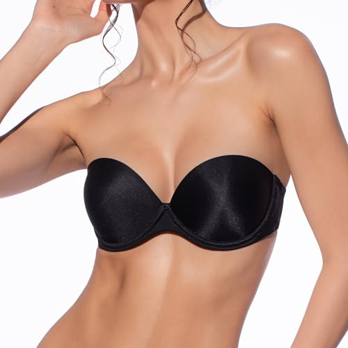 Selene, Reggiseno Donna a Fascia, con Coppe Doppio Push-Up e Ferretto, Spalline Inseribili, Collezione Carlota, Colore Nero, Taglia 3B