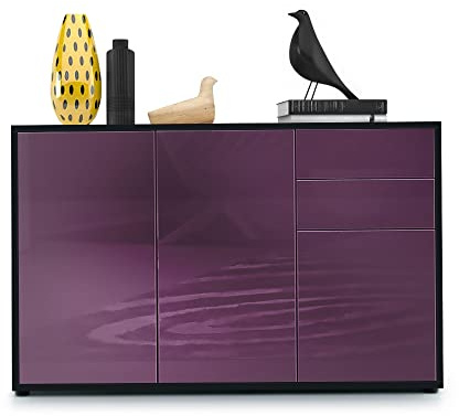 Vladon Sideboard Ben V3, Kommode mit 3 Türen und 2 Schubladen, Schwarz matt/Brombeer Hochglanz (117 x 74 x 36 cm)