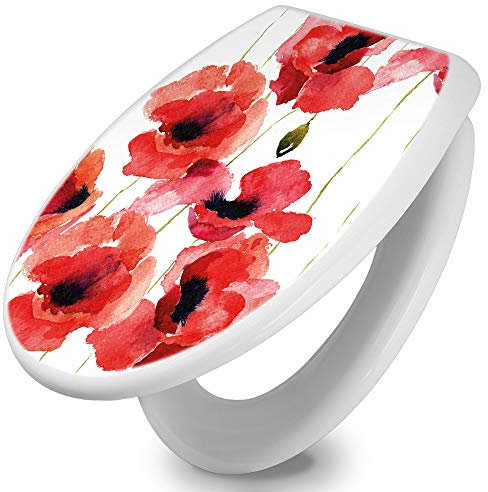 banjado Toilettendeckel mit Absenkautomatik 44,5x37cm / WC Sitz mit Absenkautomatik/Toilettensitz Duroplast mit Edelstahl Scharnieren/Klodeckel mit Absenkautomatik Motiv Mohn Aquarell