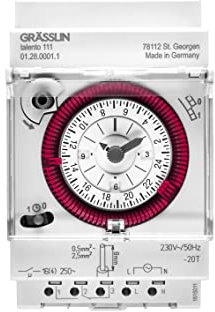 GRÄSSLIN 01.28.0001.1 talento 111- analoge Verteilerschaltuhr mit Tagesprogramm I 3TE I 1-Kanal I Montage auf DIN-Schiene I mit Steckklemmen I LED bis 180W I Glüh- und Halogen bis 1100W I Schaltuhr