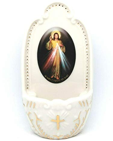 Acquasantiera In Porcellana Gesù della Divina Misericordia Collezione Fiorentina Media Da 12.5cm cm Regalo Cattolico