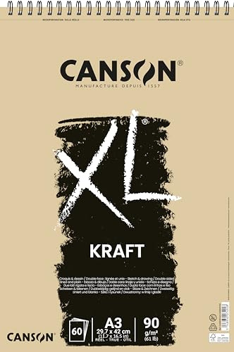 Canson XL, Papel Kraft, Verjurado, 90gsm, Espiralados sobre el lado corto, A3-29,7x42cm, Kraft, 60 Hojas