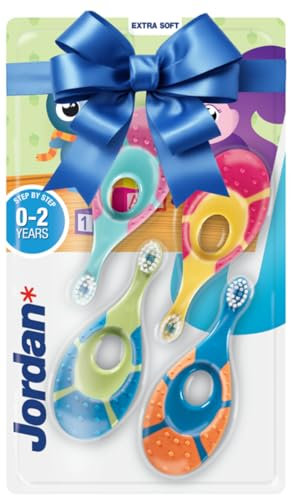 Jordan ® | Step 1 Baby Zahnbürste | Baby Zahnbürste 0-2 Jahre | Die Original Kleinkindzahnbürste mit extra weichen Borsten und weichem Beißring für Babygummis und Easy Grip | Blau und Grün | 4-pack