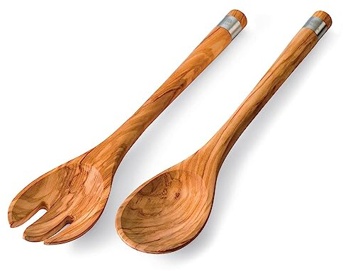Bérard Acero Salatbesteck 30 cm, Olivenholz, Edelstahlband-Akzent | für Salate und Beilagen, natürliche Holzmaserung, 2-teiliges Set