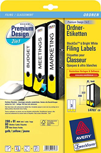 Avery Zweckform Premium Design 2in1 Ordner-Etiketten mit Farbkennzeichnung, weiß-gelb, 288x61mm, 60 Etiketten mit 2in1 Funktion.