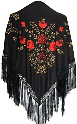 La Senorita Flamenco Dance Chale Belt Scarf Broderi Svart Guldröd, svart, M