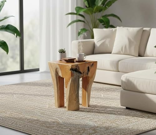 Kinaree Wurzelholz Beistelltisch BAN CHOM aus massivem Teakholz – Handgefertigter Massivholz Hocker aus einem Holzblock – Naturholz Unikat aus Indonesien