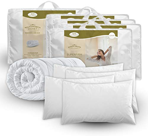 King Size Winter Duvet With 4 Pillows - 220 x 230 cm Microfiber Duvet Quilt, 13.5 Tog Winter Duvet,Soft Cotton Cover, Hollowfibre Filling Quilt & 4 Deluxe Superfirm Pillows. Machine washable.