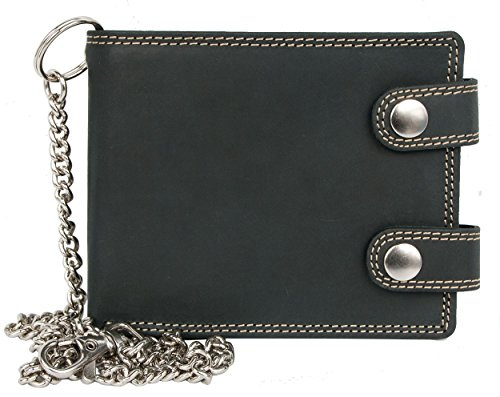 FLW Billetera Gris Oscuro Estilo Motero de Cuero con Cadena de Metal
