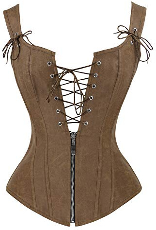 Charmian Women's Renaissance Lace Up Vintage Boned Bustier Corset with Garters Brown XX-Large