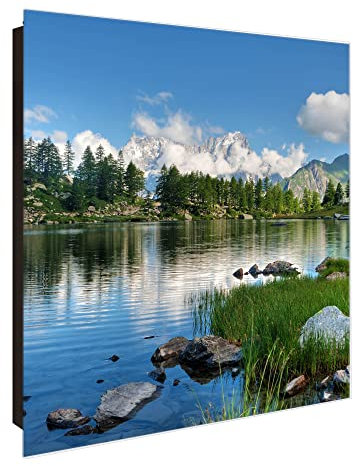 banjado Großer Schlüsselkasten Glas - Schlüsselbox 30x30cm mit 50 Haken - Schlüsselkasten modern für Schlüsselaufbewahrung mit beschreibbarer, magnetischer Glastür - Motiv Gebirgssee