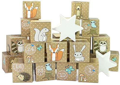 Papierdrachen Adventskalender 2025 zum Befüllen - 24 Kartonboxen im Waldtiere-Motiv - DIY Kisten-Set zum Aufstellen & Gestalten