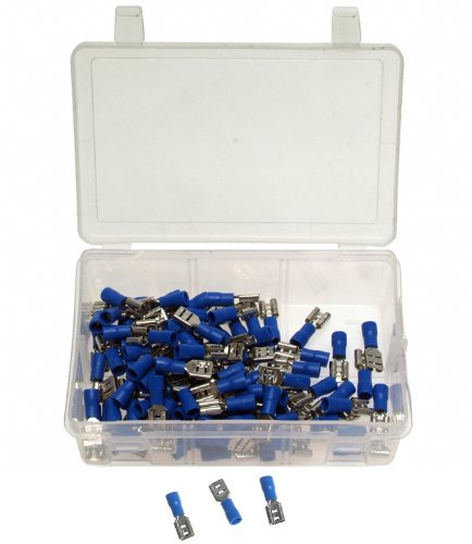 Alkan Flachsteckhülsen blau 100-tlg 1,5-2,5 mm² Kabelschuhe | Blaue lötfreie Flachsteckhülsen/Presskabelschuhe, 1,5-2,5 mm², sortiert in Aufbewahrungsbox
