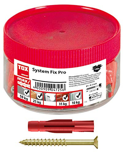 TOX Parkett- und Regalschienen-Befestigung System Fix 5 x 31 mm Runddose, 100 Stück Dübel mit 100 Schrauben, 01026146