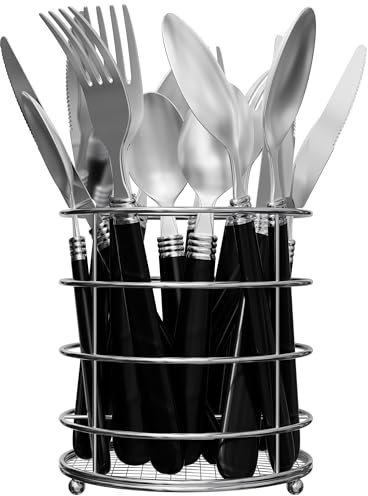 Gibson Home Sensations 16-Piece Stainless Steel Flatware Set with Metal Caddy - Includes Knives, Forks, Large & Small Spoons - Durable, Dishwasher Safe Silverware for Everyday Dining (Black)