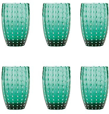 Zafferano Perle - Vaso Tumbler Hecho a Mano de Vidrio de Color Transparente, cl 32 h 109mm d 71mm, Juego de 6 Piezas - Verde