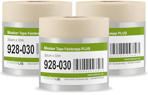 Colorus Abdeckfolie mit Klebeband 30 cm x 33 m Masker Tape 3er Set | Schmale Malerfolie mit Malerkrepp für Fenster, Leisten und Möbel: in einem Zug abkleben und abdecken, 7 Tage UV-beständig