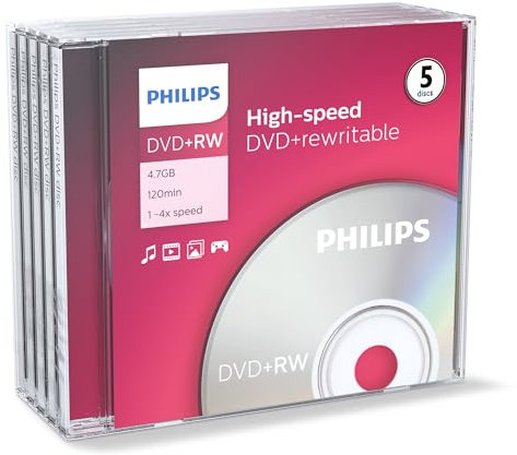 Philips DVD+RW Rohlinge High-Speed (4.7 GB / 120 Minuten Video, 1-4x Speed, 5er Jewel Case, rewritable / überschreibbar)