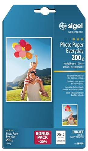 SIGEL Ip718 Papier Photo Everyday Jet d'encre, Ultra Brillant, Format 10 X 15 cm, 200 G/M², 20 Feuilles + 4 Gratuites