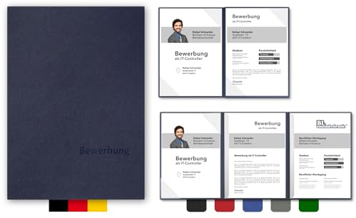 5 Stück 4-teilige Bewerbungsmappen BL-exclusivdruck® MEGA-plus in Tiefseeblau - Premium-Qualität mit edler Relief-Prägung 'Bewerbung' - Produkt-Design von 'Mario Lemani'