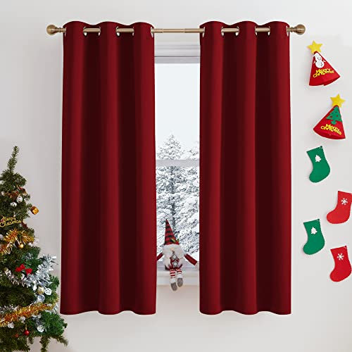 PONY DANCE Thermal Blackout Curtains - 42 x 63 Inch Eyelet Christmas Curtains Modern Style for Home Decoration Sun Blocking Drapes for Short Window, Red, 2 Panels