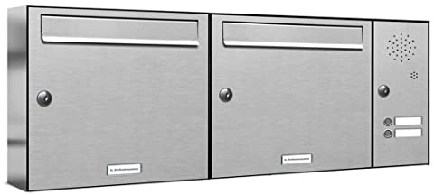 AL Briefkastensysteme 2er Briefkastenanlage mit Klingel, V2A Edelstahl, Premium Doppel-Briefkasten DIN A4, 2 Fach Postkasten modern Aufputz