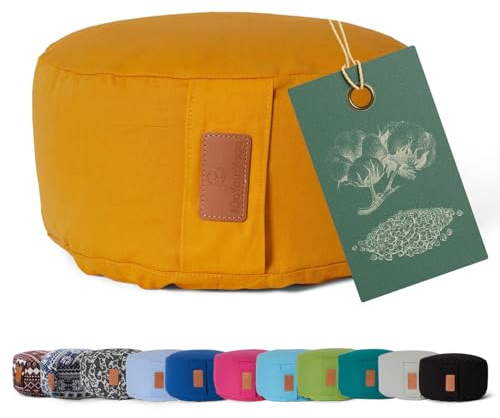 #DoYourYoga Coussin de Yoga »Vishnu« - Idéal pour Yoga, pilâtes et méditations prolongées - Housse retirable & Lavable - Dimension : H 15 cm, D env. 30 cm - Jaune Curry - Coques d'épeautre