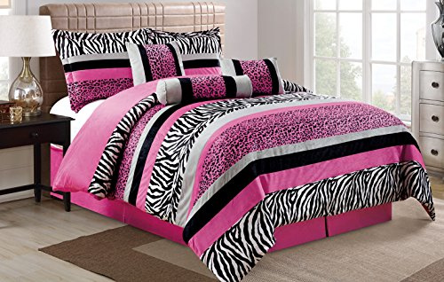 Grand Linen 5 Piece Oversize HOT Pink Black White Zebra Leopard Micro Fur Comforter Set Twin Size Bedding - Teen, Girl, Youth, Tween, Children's Room, Master Bedroom, Guest Room